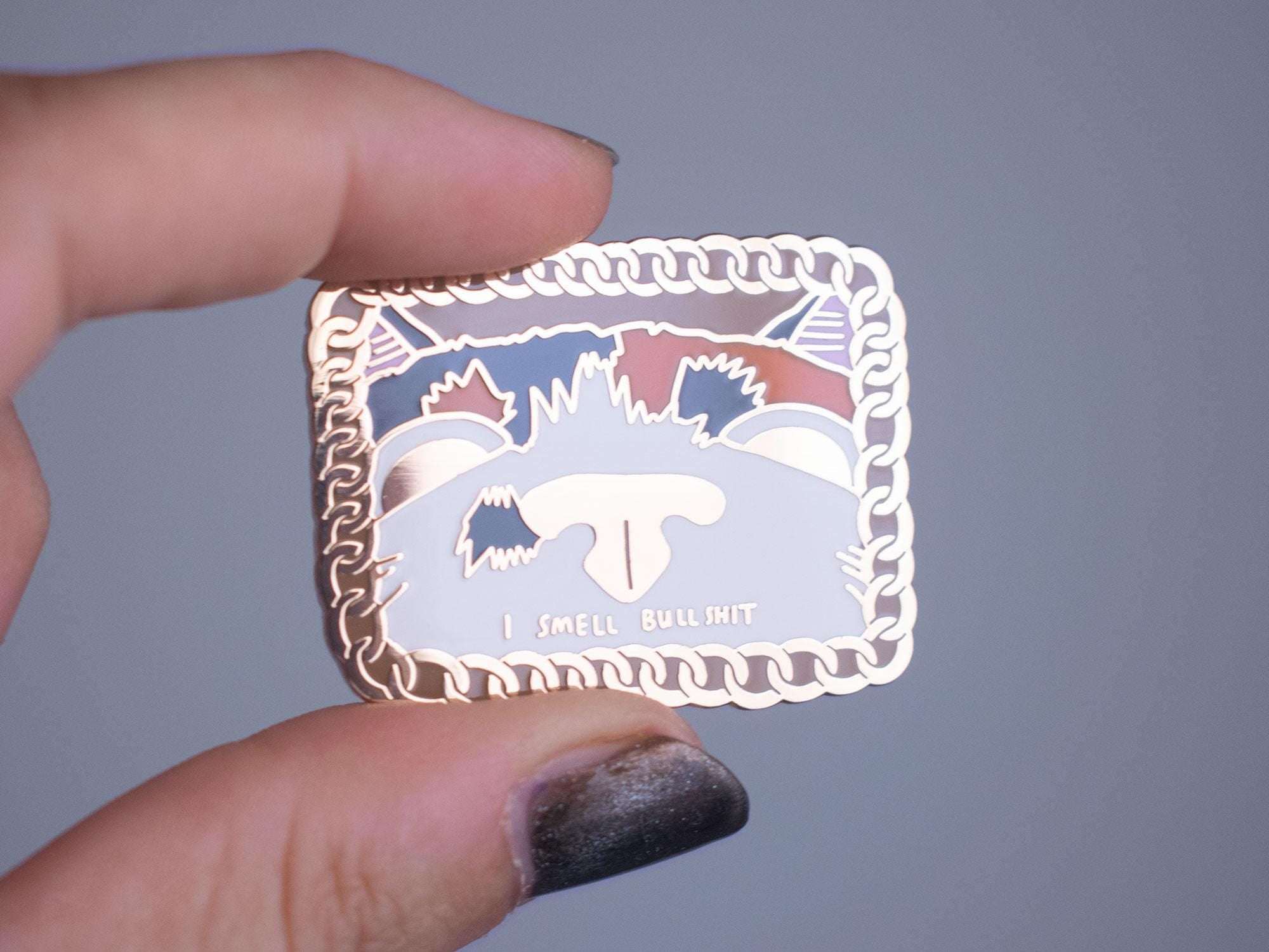 I smell bullsh1t Cat Enamel Pin | Gold plated brooch with a calico cat sniffing out the truth