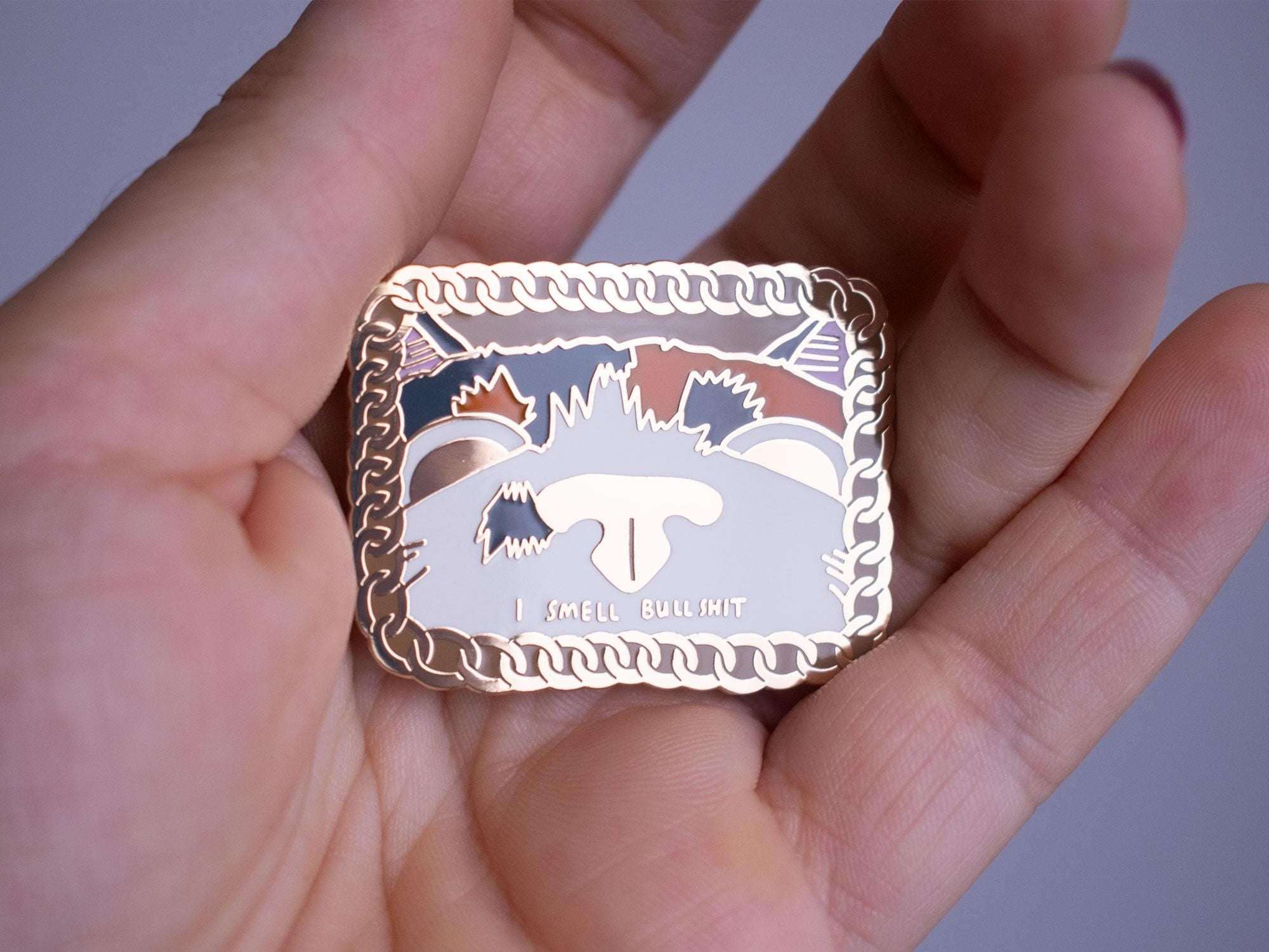 I smell bullsh1t Cat Enamel Pin | Gold plated brooch with a calico cat sniffing out the truth