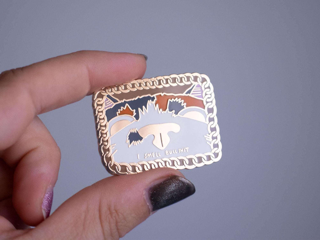 I smell bullsh1t Cat Enamel Pin | Gold plated brooch with a calico cat sniffing out the truth
