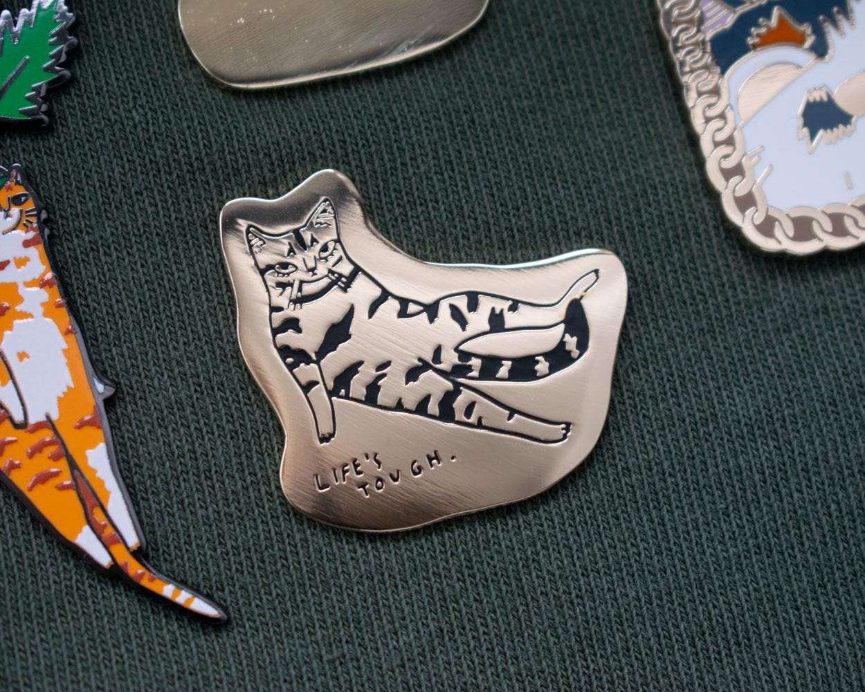 Life's tough Cat Enamel Pin | Gold plated brooch with a tabby cat beeing fed up with everything