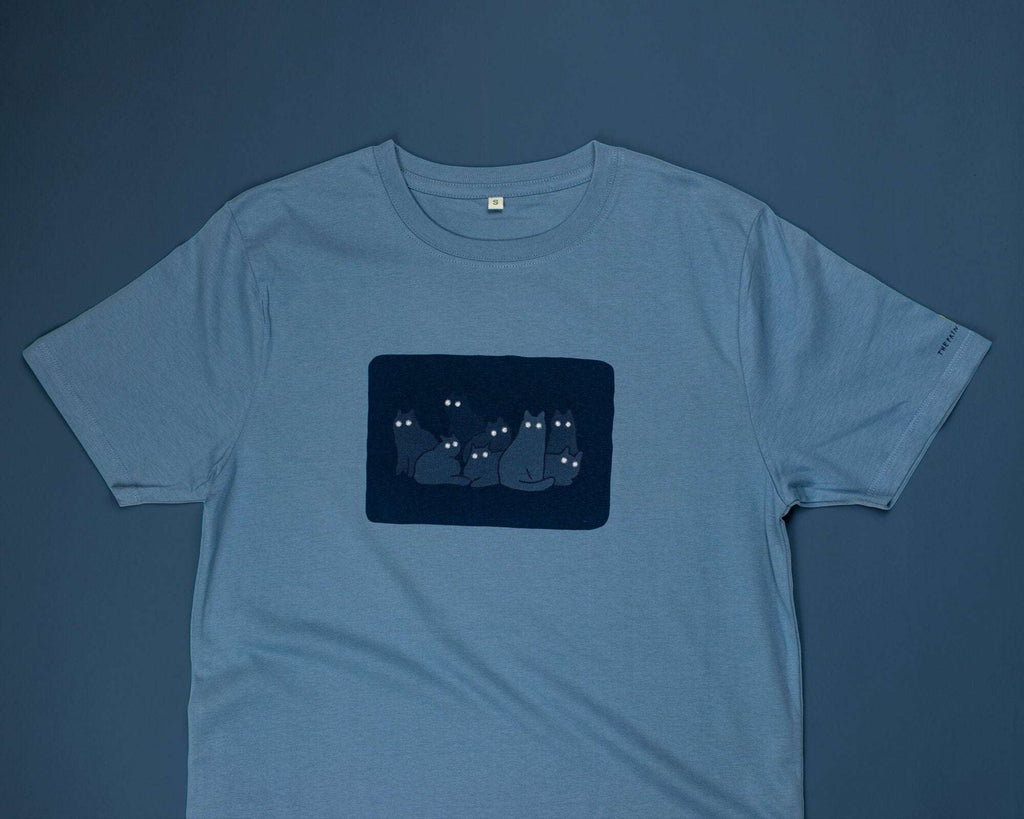 Reflecting cat eyes t-shirt | Hand screen printed on blue organic cotton tee with reflective ink