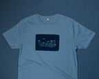 Reflecting cat eyes t-shirt | Hand screen printed on blue organic cotton tee with reflective ink