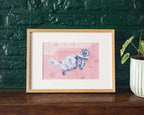Cozy Sunday | Giclée cat art print of a grey fluffy cat chilling on a dusty rose couch