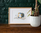 Read me | Giclée art print for bookish people of a calico cat sitting on a book