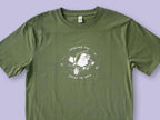 T-shirt: Looking for f***s to give | Hand screen printed olive green organic cotton tee with white illustration of a cat with binoculars