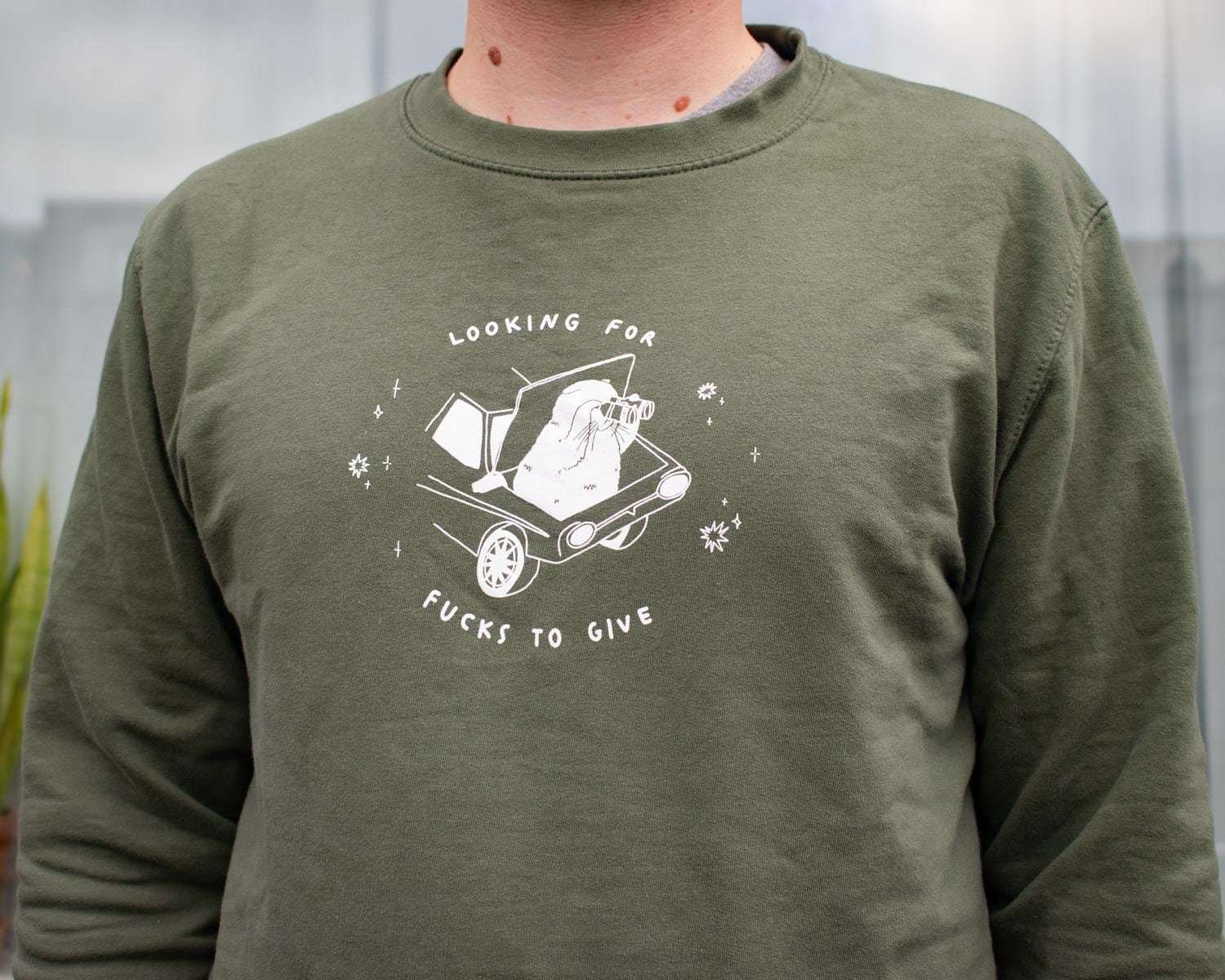 Looking for fucks to give cat sweatshirt with a hand screen printed illustration