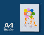 Grumpy Flower A4 Risograph poster | Illustration in fluorescent pink, blue and yellow of an angry looking cat in a flower costume