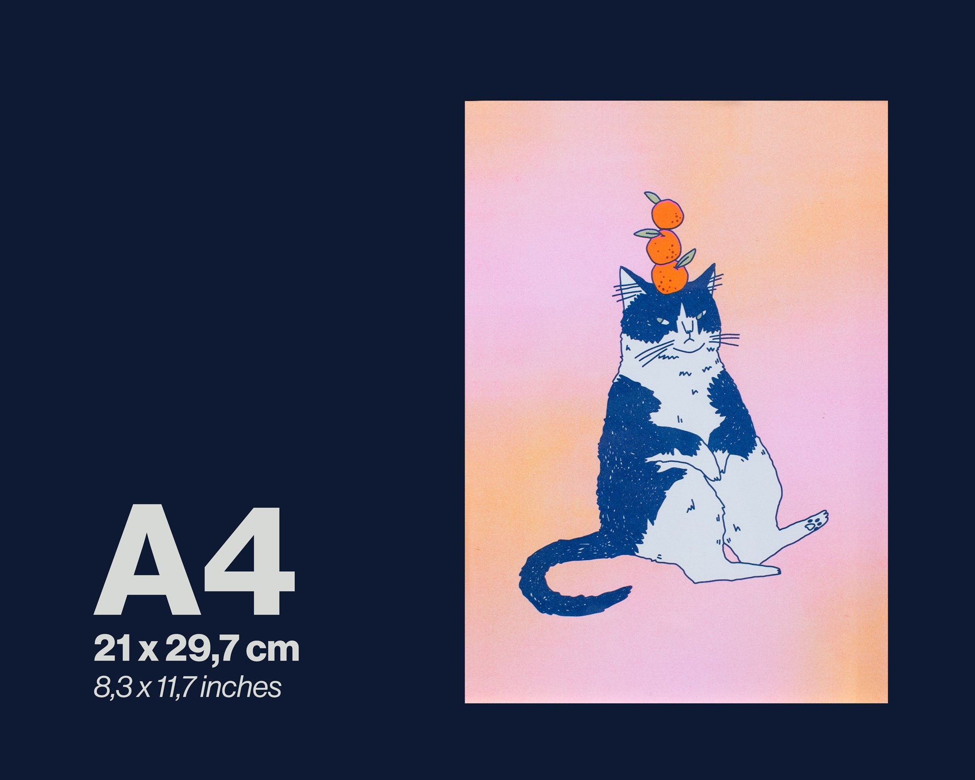 Orange Cat A4 Risograph poster | Illustration in fluorescent pink, yellow and federal blue of a grumpy cat that balances oranges on its head