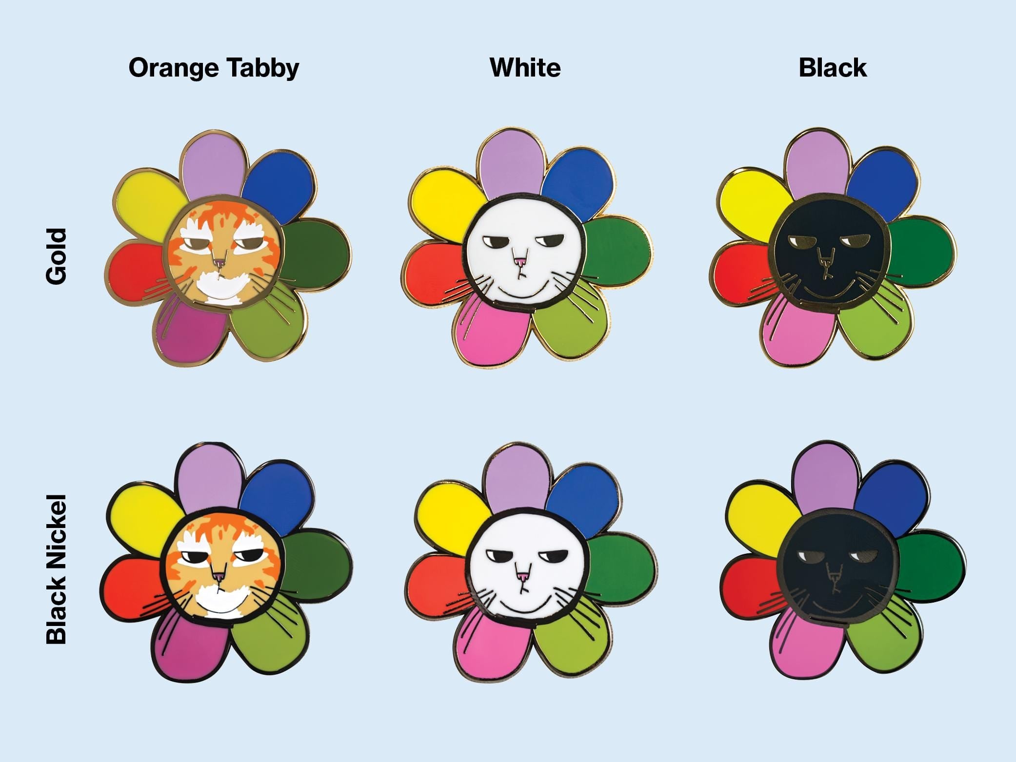 Grumpy Flower Cat Hard Enamel Pin | Gold or black nickel plated brooch with grumpy cat available as black, white and orange tabby fur color