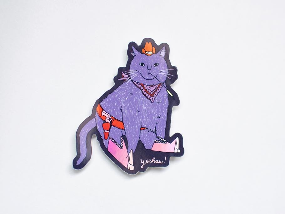 Holographic Cowboy Cat Sticker: Western Kawaii Decal