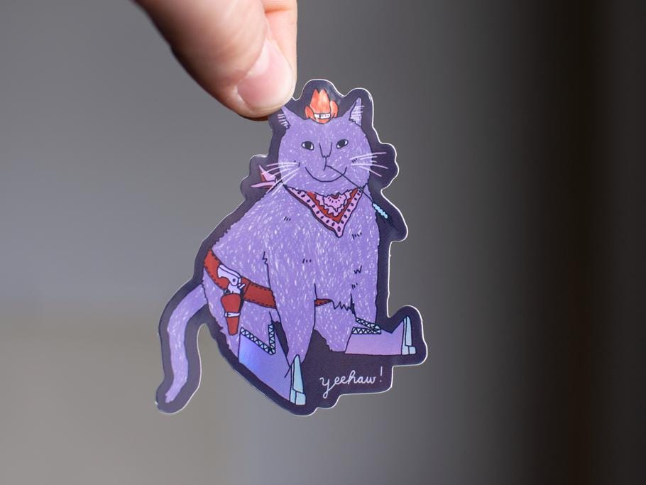 Holographic Cowboy Cat Sticker: Western Kawaii Decal