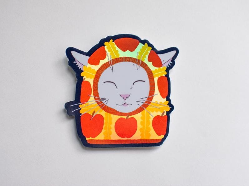 Apple Balaclava Cat Sticker: Holographic Vinyl Decal