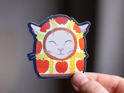 Apple Balaclava Cat Sticker: Holographic Vinyl Decal