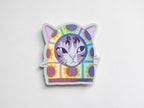 Sunflower Balaclava Cat | Cute holographic vinyl sticker of a purple tabby cat wearing a balaclava with flowers on it
