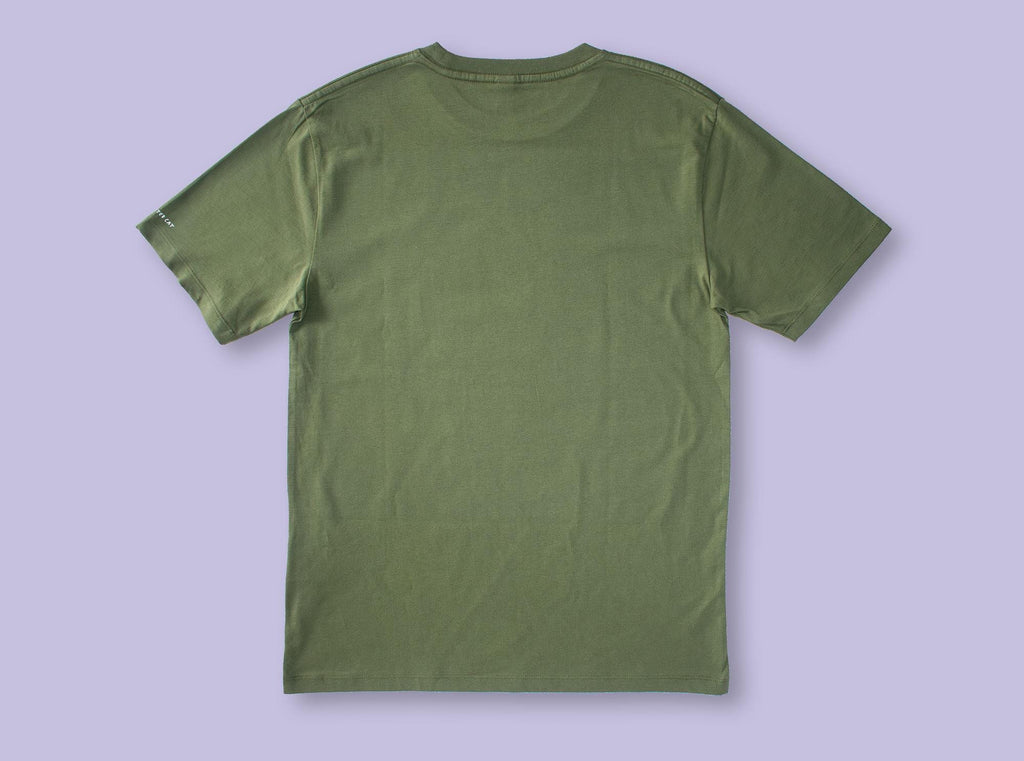 T-shirt: Looking for f***s to give | Hand screen printed olive green organic cotton tee with white illustration of a cat with binoculars