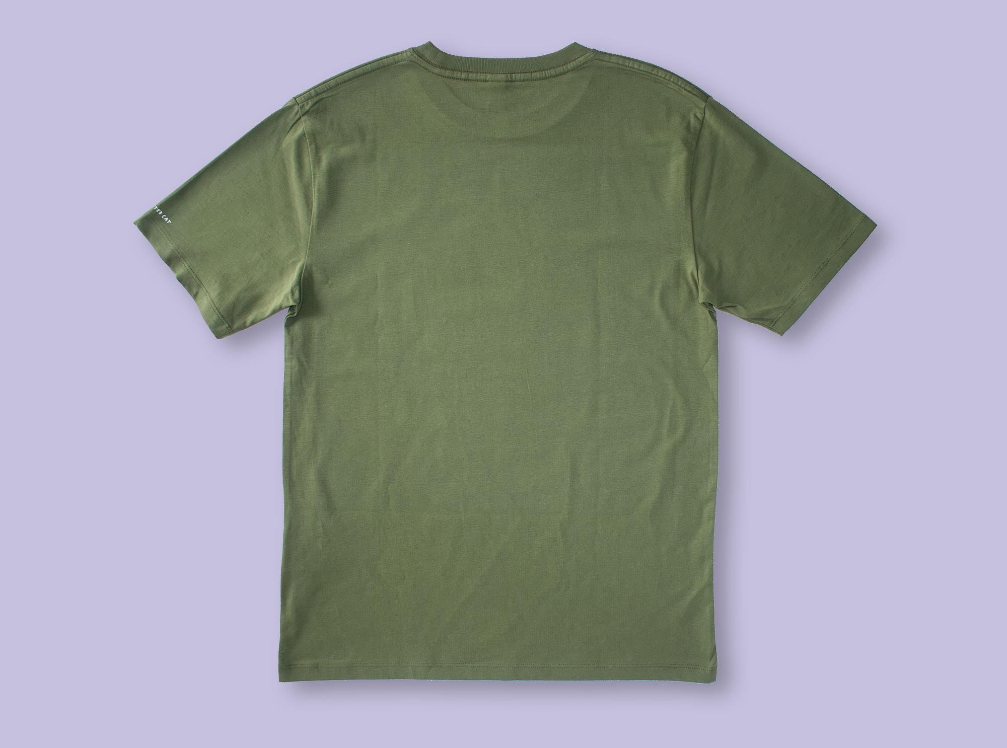 T-shirt: Looking for f***s to give | Hand screen printed olive green organic cotton tee with white illustration of a cat with binoculars