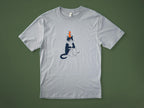 Orange Cat t-shirt | Hand screen printed illustration of a cat balancing oranges on grey organic cotton tee with navy and orange