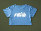 When the bass hits crop top | Hand screen printed on cornflower 100% cotton tee with front and back print of cats raving to the music