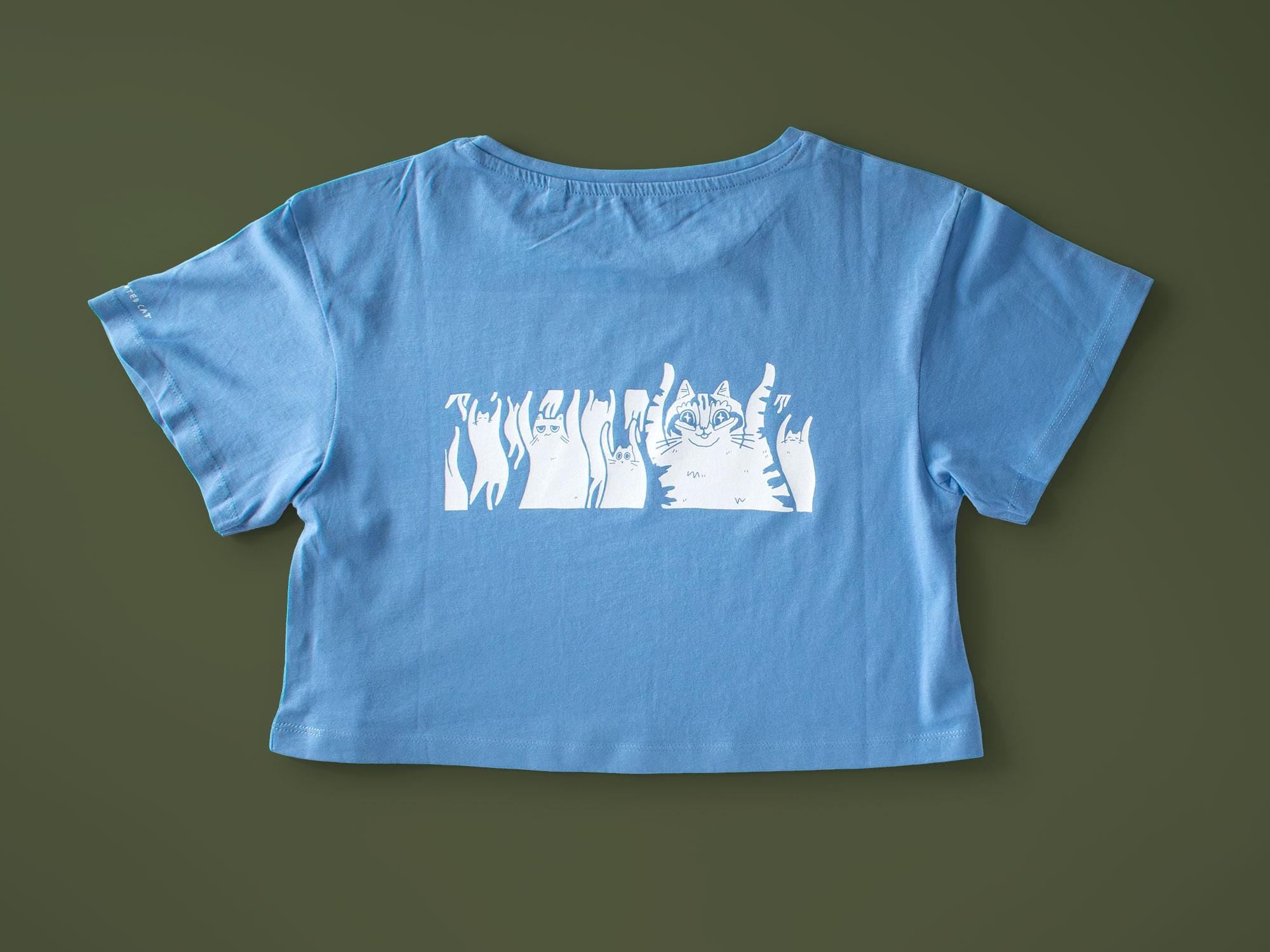 When the bass hits crop top | Hand screen printed on cornflower 100% cotton tee with front and back print of cats raving to the music