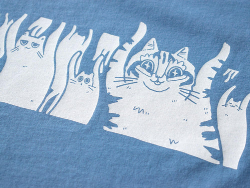 When the bass hits crop top | Hand screen printed on cornflower 100% cotton tee with front and back print of cats raving to the music