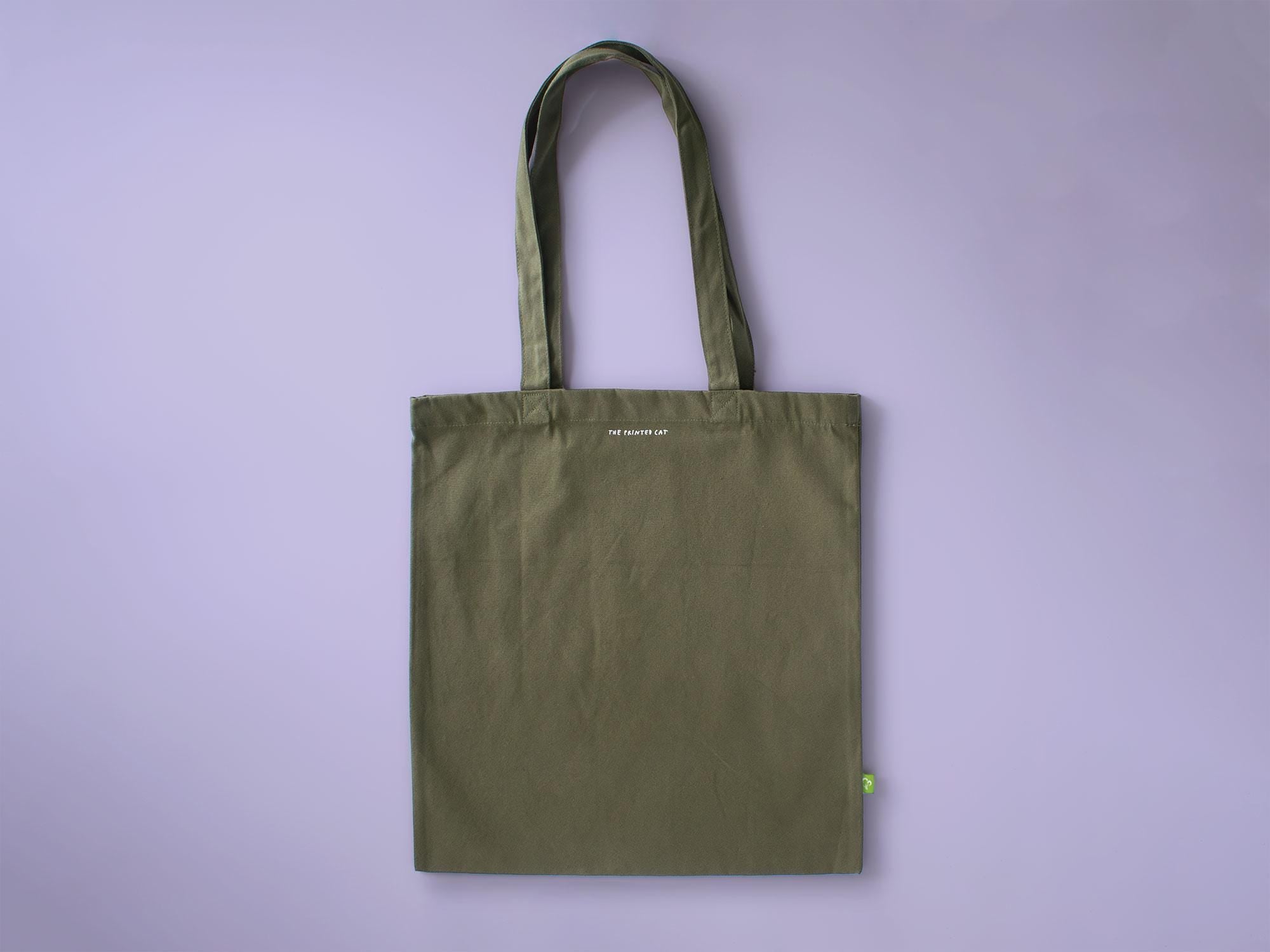 Funny Cat Olive Green Tote Bag: Hand Screen Printed Organic Cotton