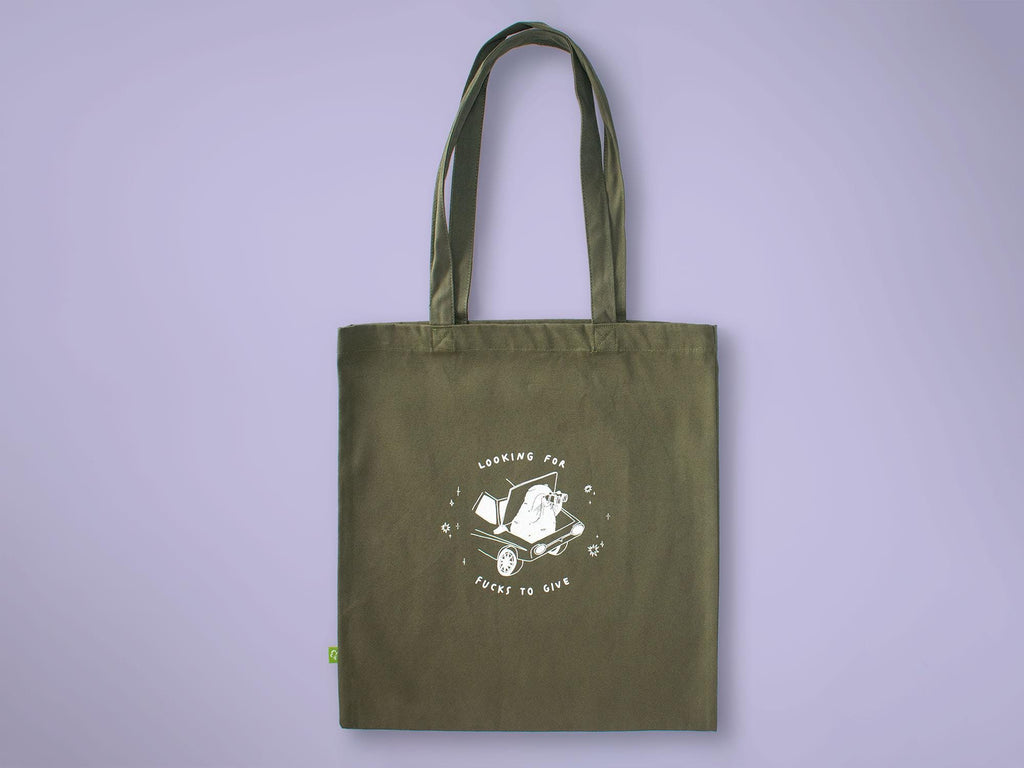 Funny Cat Olive Green Tote Bag: Hand Screen Printed Organic Cotton