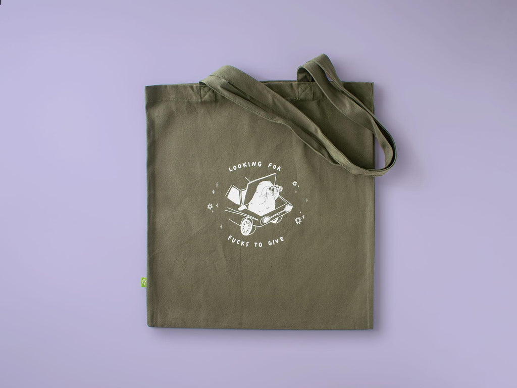 Funny Cat Olive Green Tote Bag: Hand Screen Printed Organic Cotton