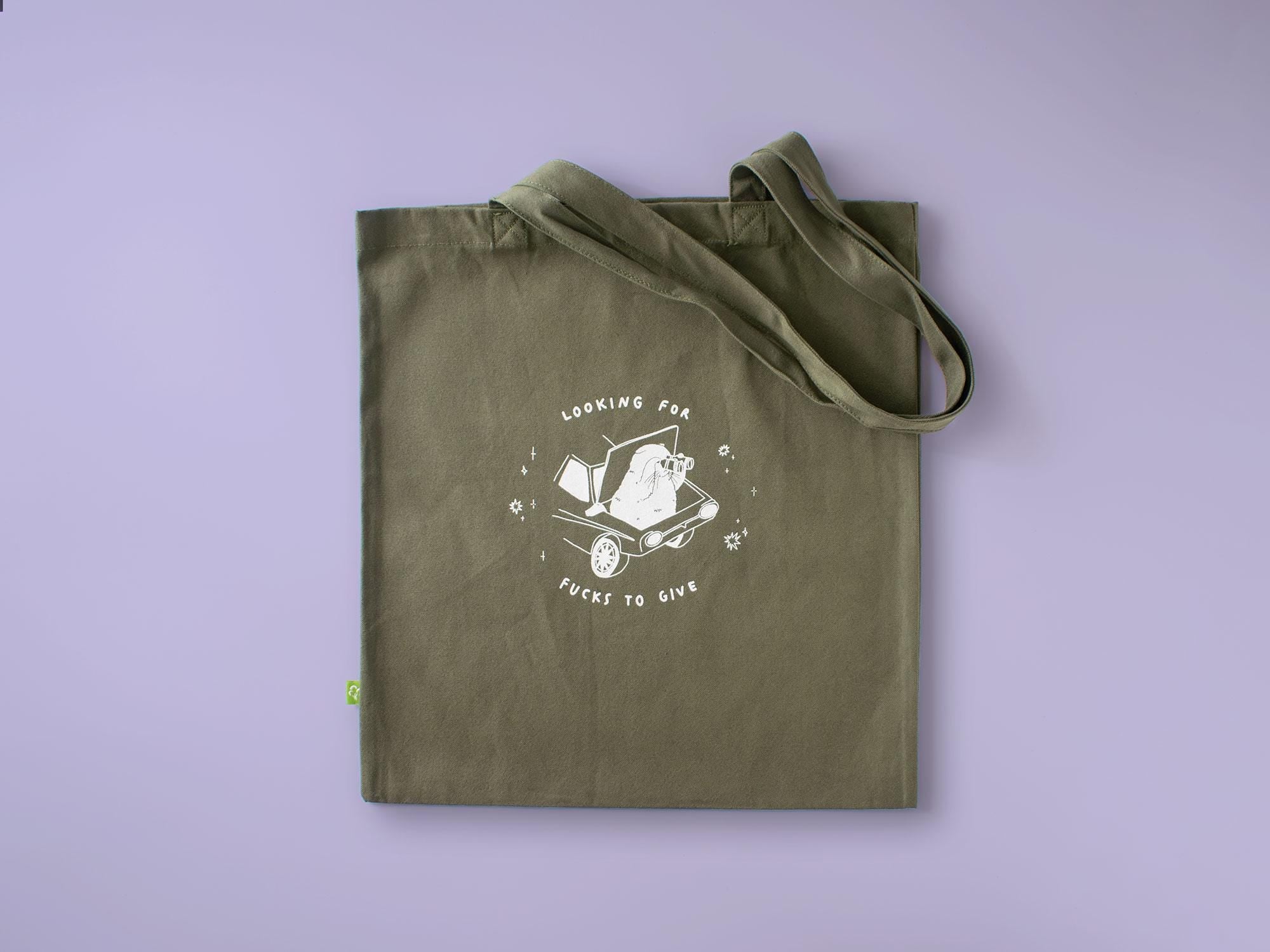 Funny Cat Olive Green Tote Bag: Hand Screen Printed Organic Cotton