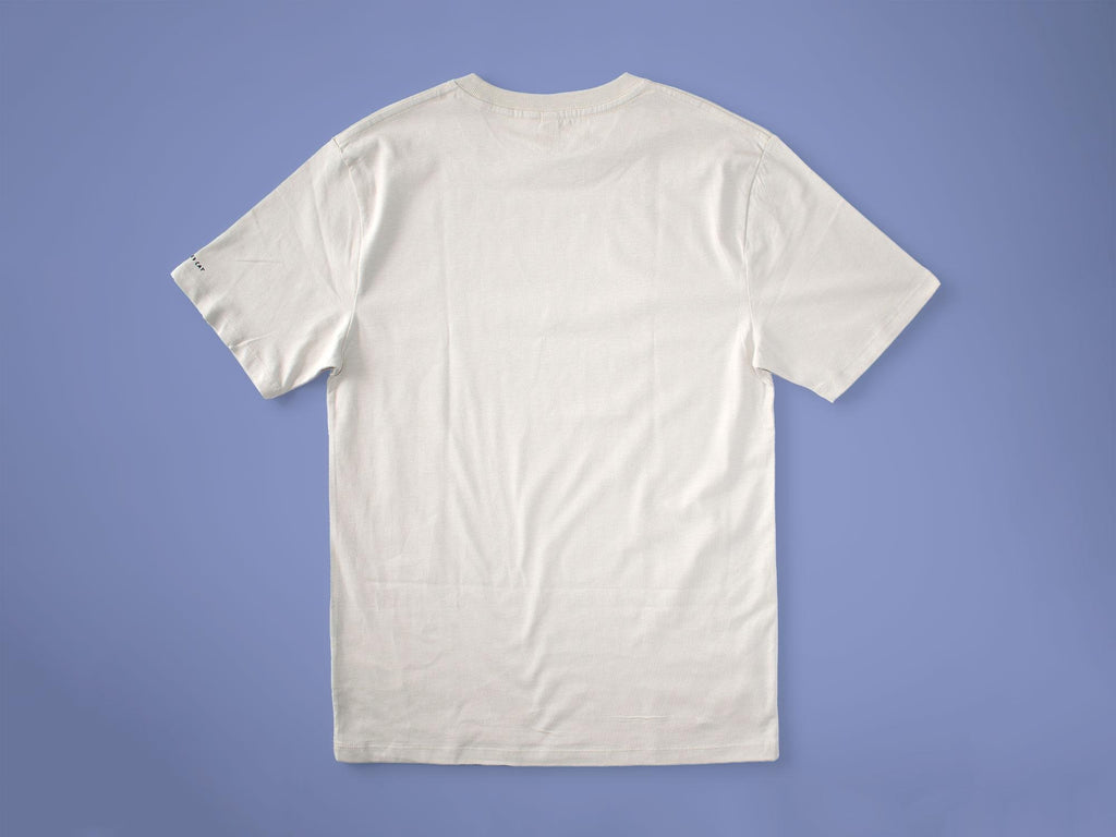 Cat gallery t-shirt | Hand screen printed on beige organic cotton tee with black and blue illustration of a cat judging his own art