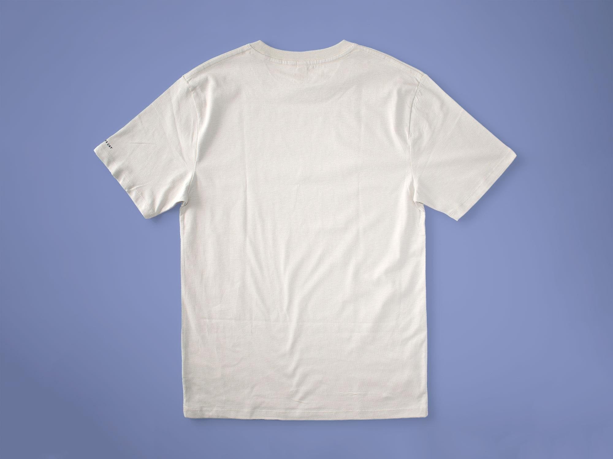 Cat gallery t-shirt | Hand screen printed on beige organic cotton tee with black and blue illustration of a cat judging his own art