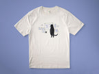 Cat gallery t-shirt | Hand screen printed on beige organic cotton tee with black and blue illustration of a cat judging his own art
