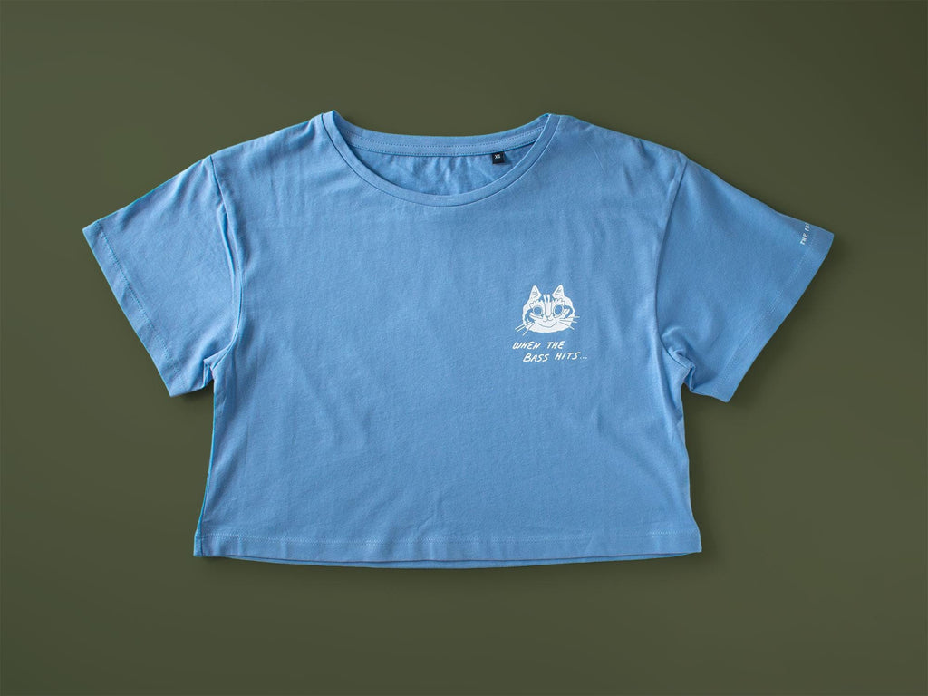 When the bass hits crop top | Hand screen printed on cornflower 100% cotton tee with front and back print of cats raving to the music
