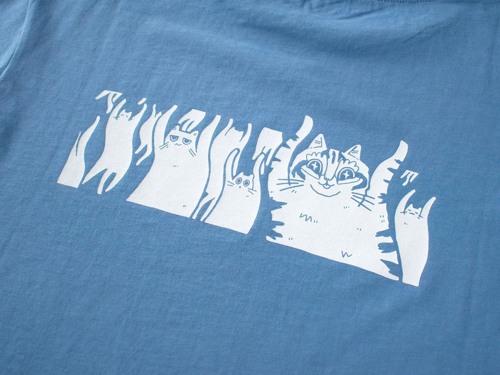 When the bass hits crop top | Hand screen printed on cornflower 100% cotton tee with front and back print of cats raving to the music