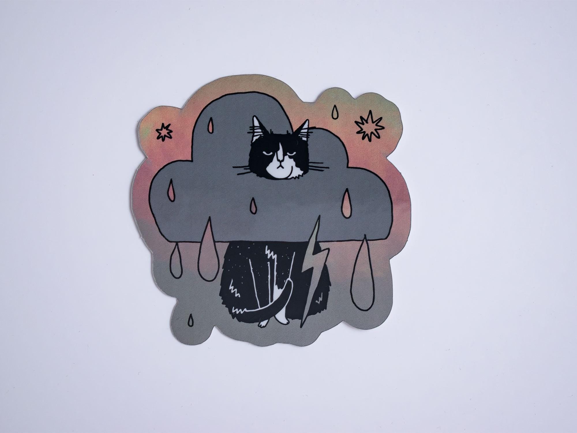 Grumpy Tuxedo Cat Rain Cloud Holographic Sticker - Dark Mode