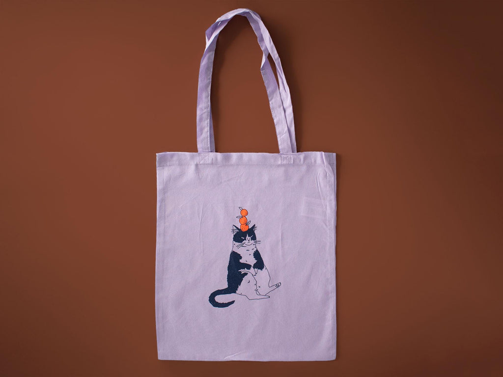 Orange Cat Tote Bag: Hand Screen Printed Cotton, Lilac