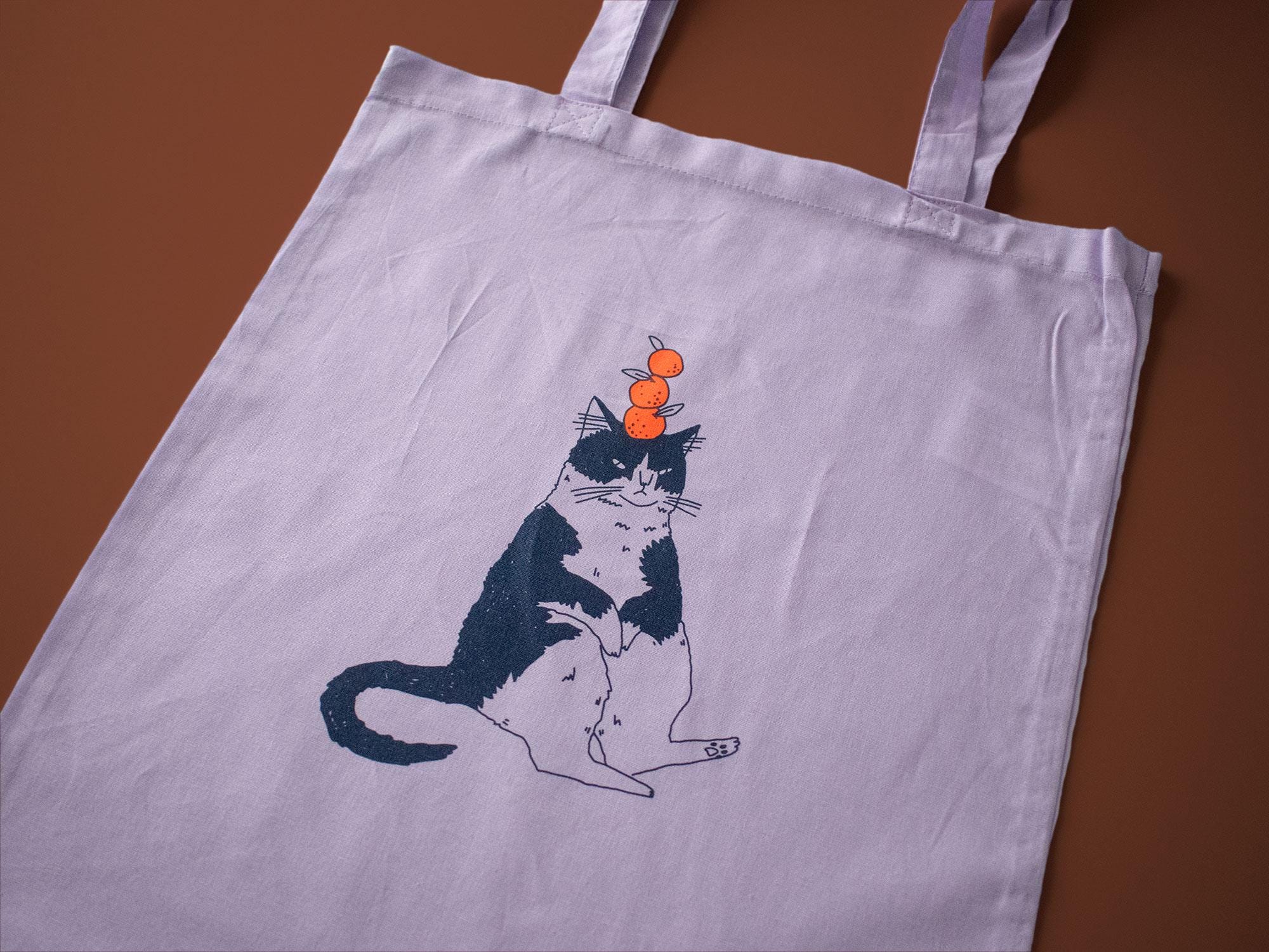Orange Cat Tote Bag: Hand Screen Printed Cotton, Lilac