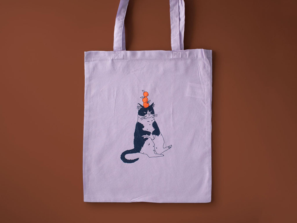 Orange Cat Tote Bag: Hand Screen Printed Cotton, Lilac