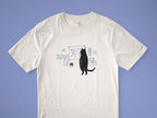 Cat gallery t-shirt | Hand screen printed on beige organic cotton tee with black and blue illustration of a cat judging his own art