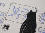 Cat gallery t-shirt | Hand screen printed on beige organic cotton tee with black and blue illustration of a cat judging his own art