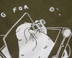 Looking for f***s to give crop top | Hand screen printed olive green 100% cotton tee with white illustration of a cat with binoculars
