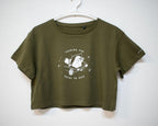 Looking for f***s to give crop top | Hand screen printed olive green 100% cotton tee with white illustration of a cat with binoculars