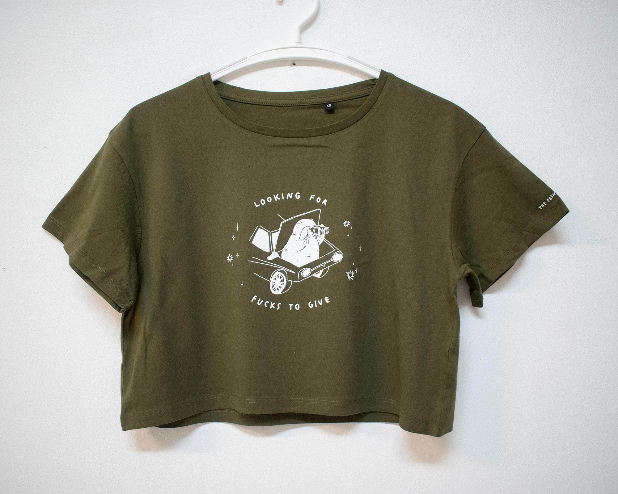 Looking for f***s to give crop top | Hand screen printed olive green 100% cotton tee with white illustration of a cat with binoculars