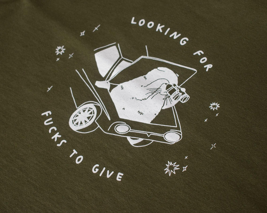 Looking for f***s to give crop top | Hand screen printed olive green 100% cotton tee with white illustration of a cat with binoculars