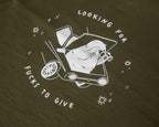 Looking for f***s to give crop top | Hand screen printed olive green 100% cotton tee with white illustration of a cat with binoculars