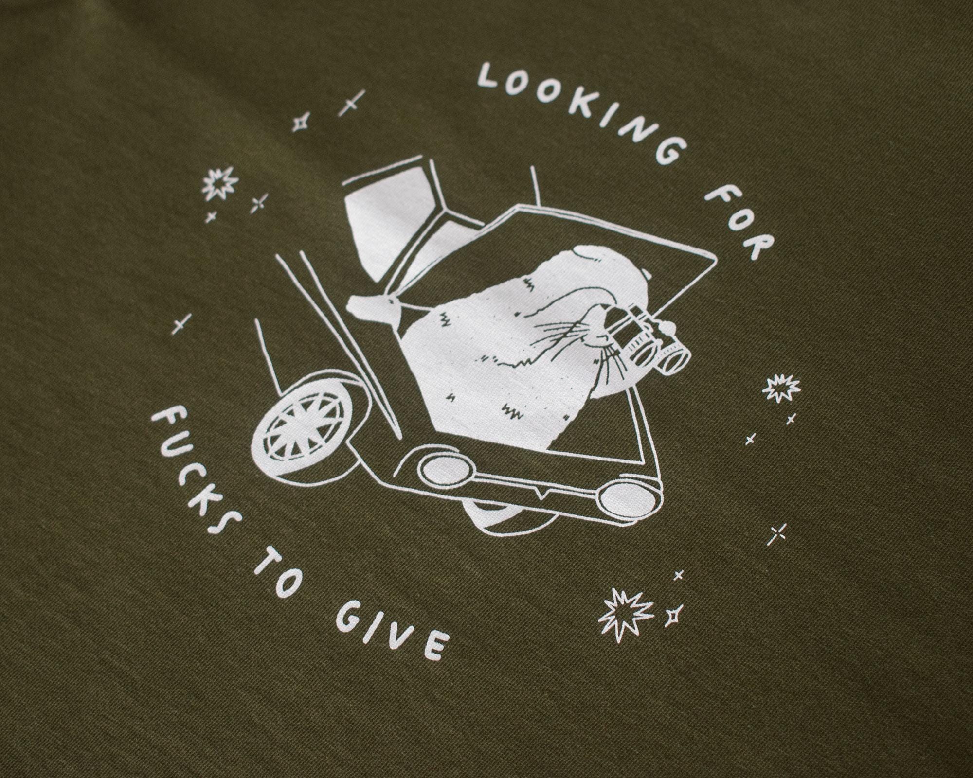 Looking for f***s to give crop top | Hand screen printed olive green 100% cotton tee with white illustration of a cat with binoculars