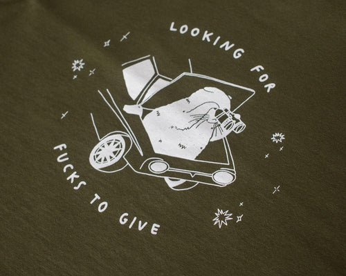 Looking for f***s to give crop top | Hand screen printed olive green 100% cotton tee with white illustration of a cat with binoculars