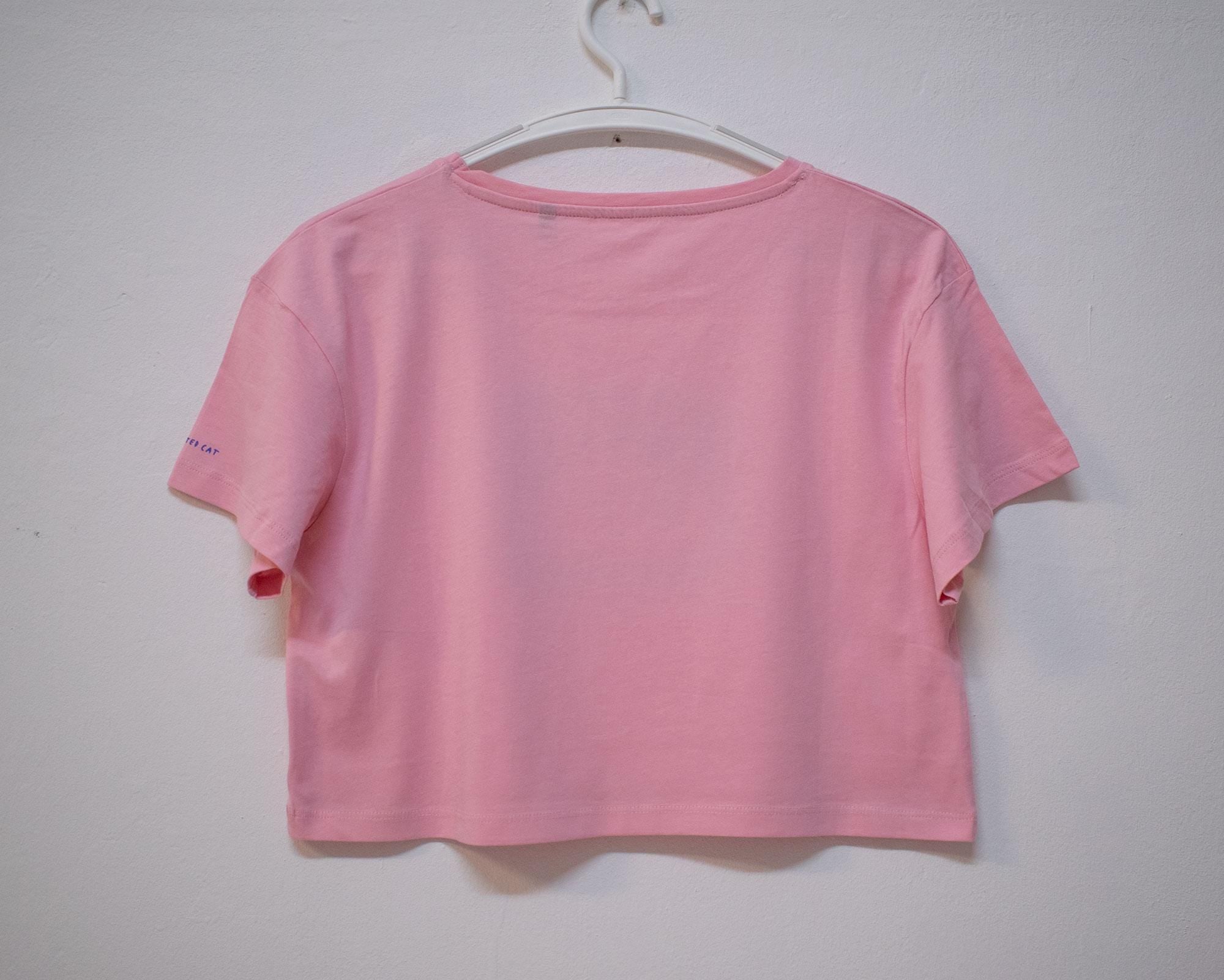 I smell Bullshit crop top | Hand screen printed on light pink 100% cotton cropped tee with blue illustration of a cat sniffing out your lies