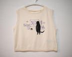 Cat gallery top | Hand screen printed on ecru organic cotton sleevless cropped top with black and blue illustration of a cat judging cat art