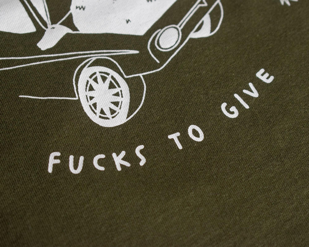 Looking for f***s to give crop top | Hand screen printed olive green 100% cotton tee with white illustration of a cat with binoculars