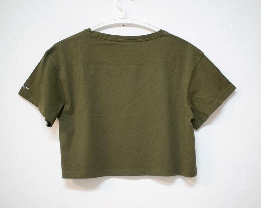 Looking for f***s to give crop top | Hand screen printed olive green 100% cotton tee with white illustration of a cat with binoculars